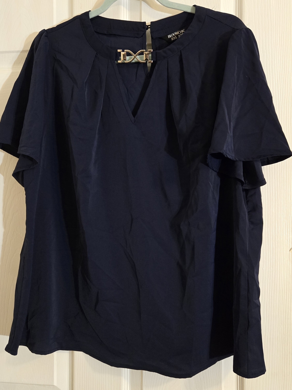 BloomChic Navy Flutter Sleeve Top with Silver Link Detail